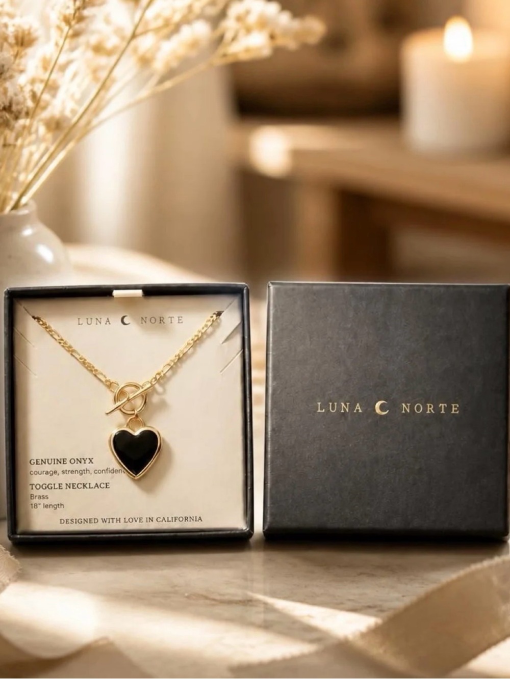 Onyx Heart Necklace – 18" Brass Figaro Chain with Toggle Clasp